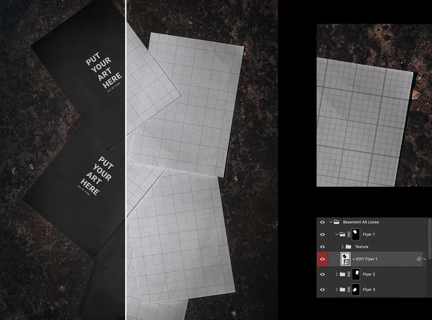 Close-up detail of the Photoshop smart object layer for customizing the floor-loose A5 flyer