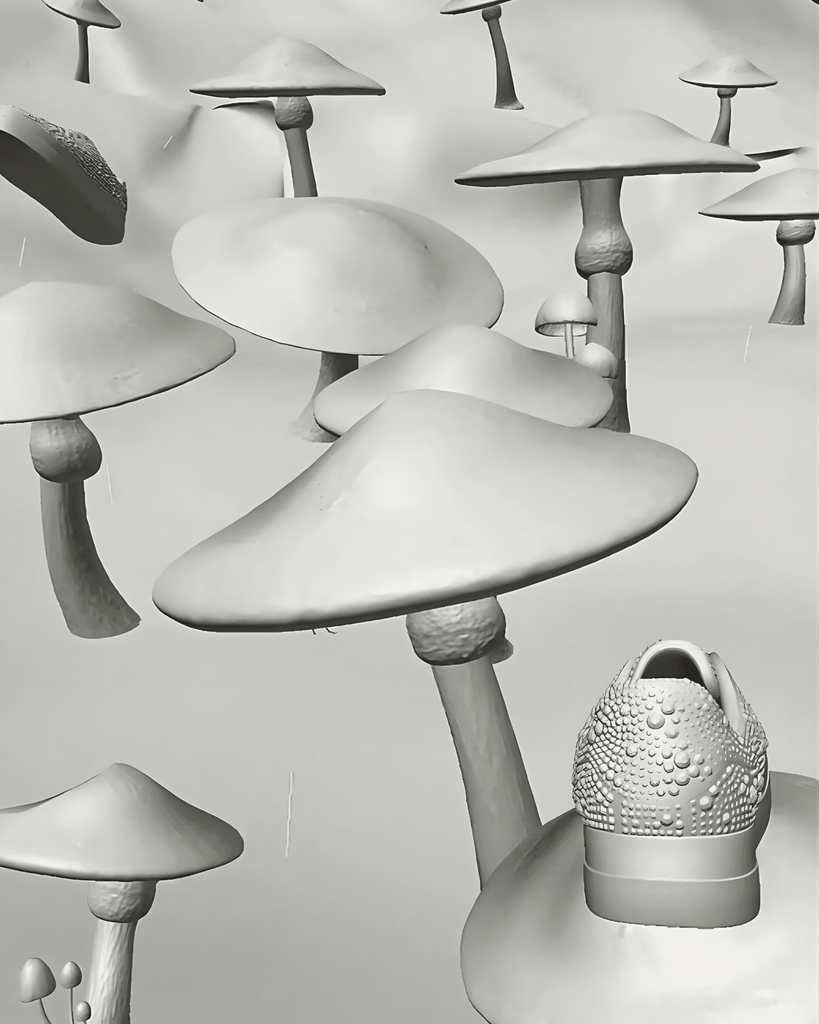 A 3D environment shows a platform shoe resting on a field of large, flat-capped mushrooms