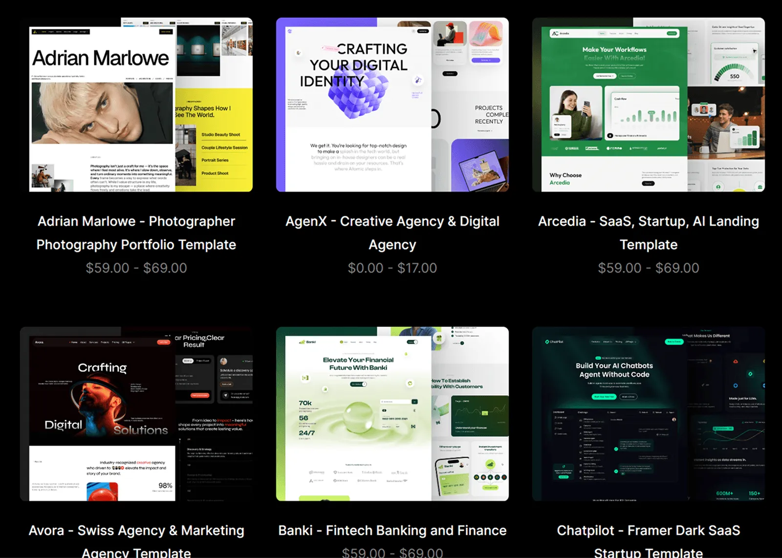 Six digital agency and product landing page templates displayed with prices.