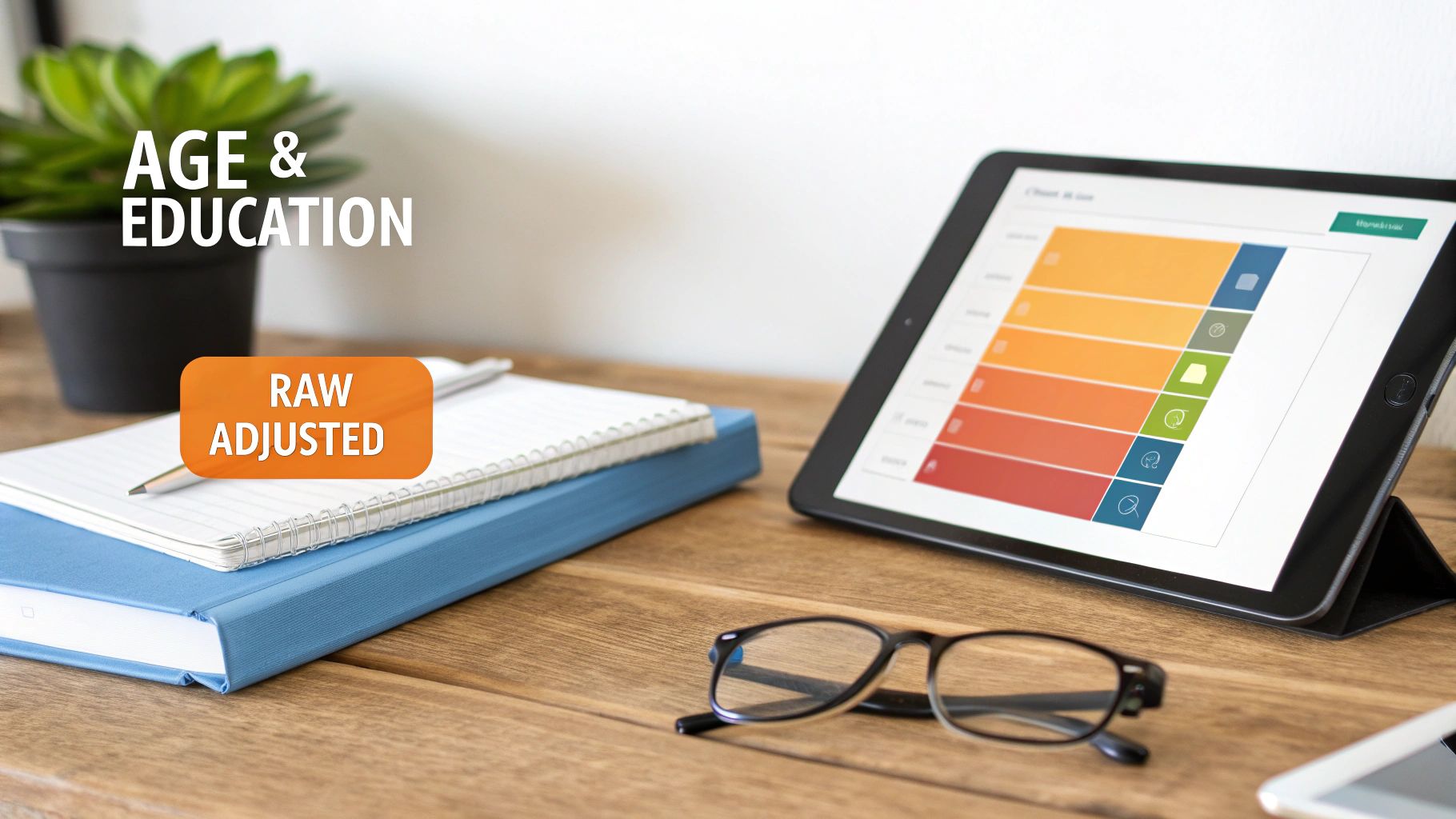 Office desk with tablet displaying a data analysis chart, notebooks, glasses, and 'AGE & EDUCATION' text.