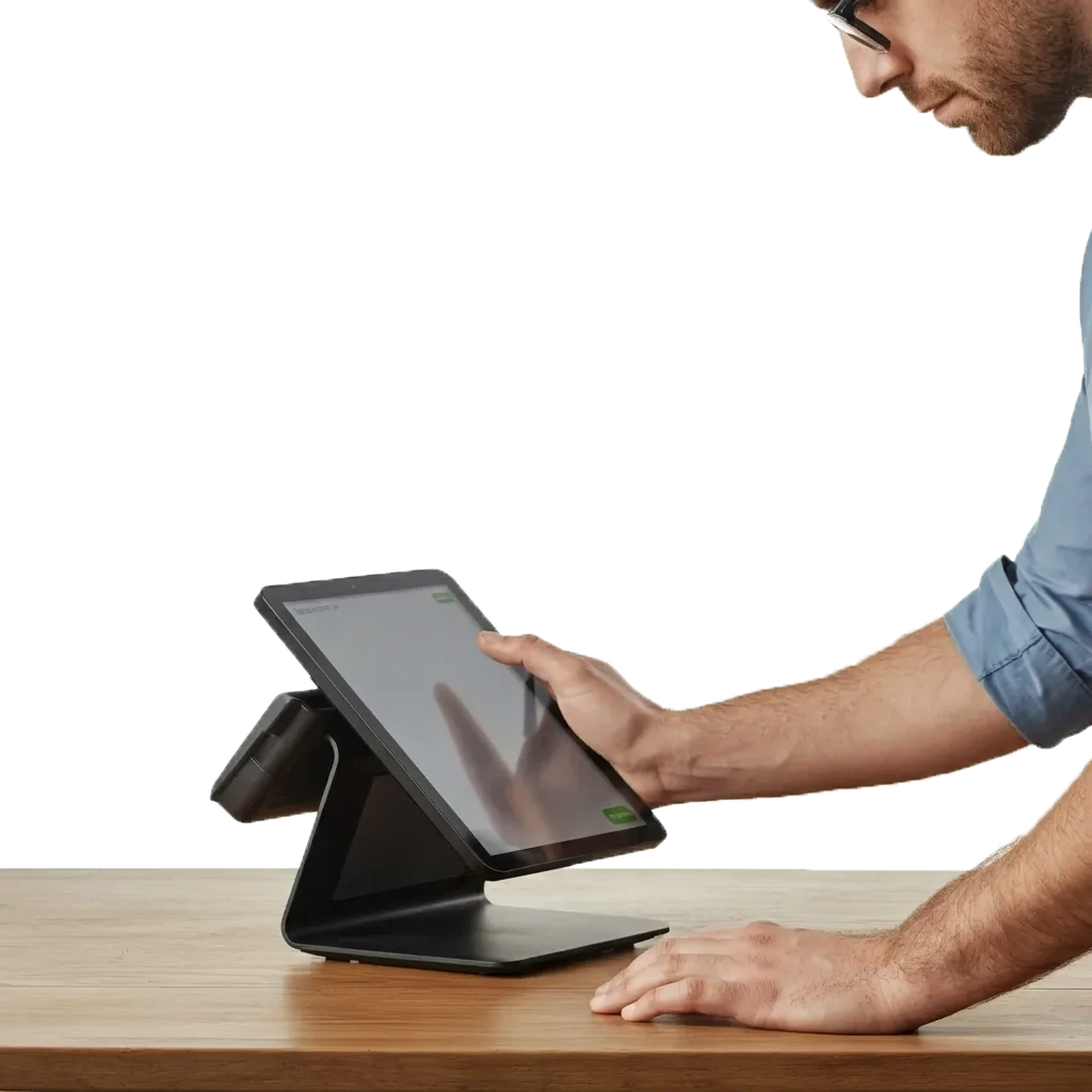 A man interacting with the screen of a point of sale terminal