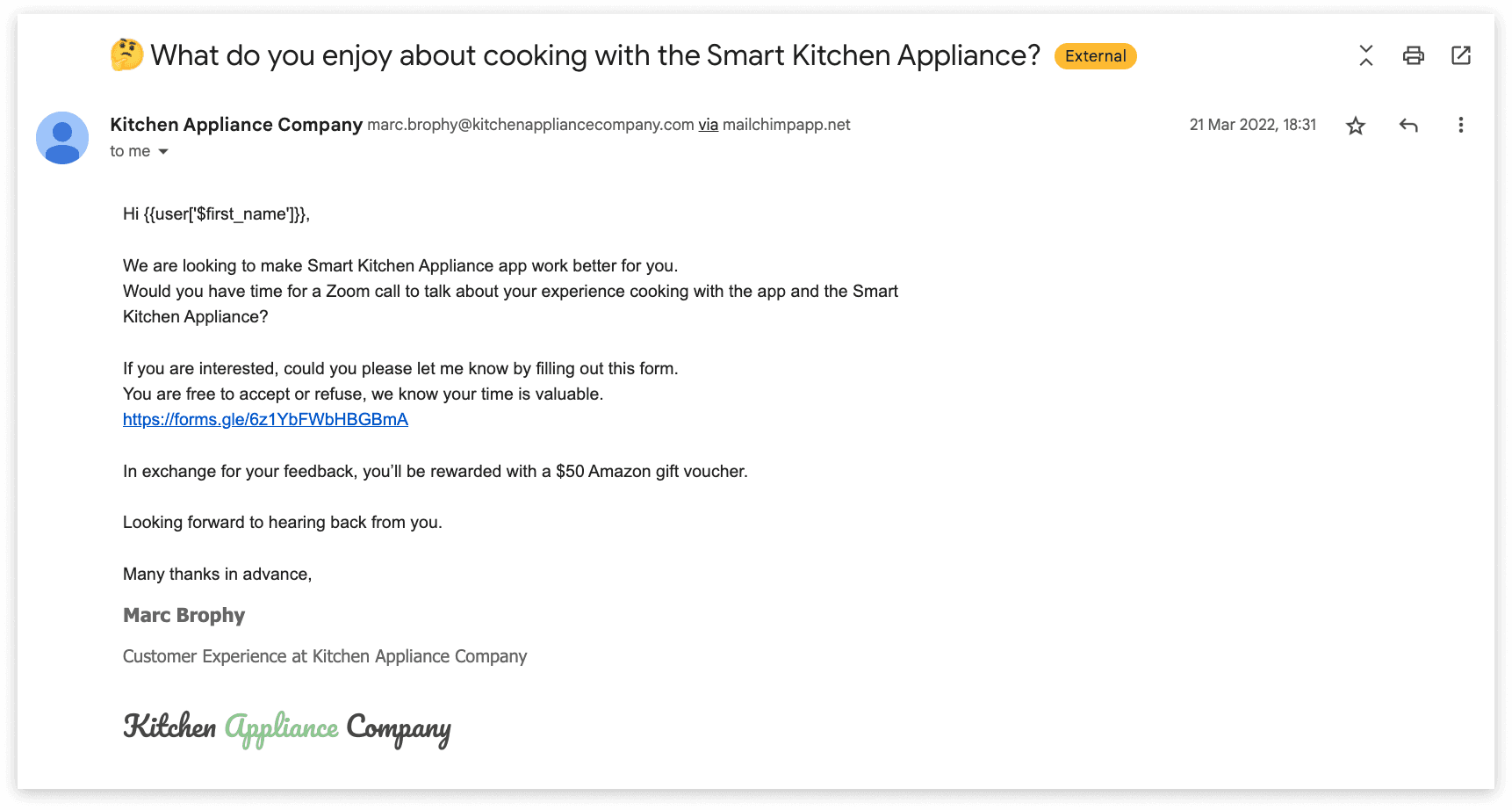 Email asking if recipient wants to have a zoom call to talk about their experience using the smart pressure cooker for 50 dollars worth amazon gift voucher.