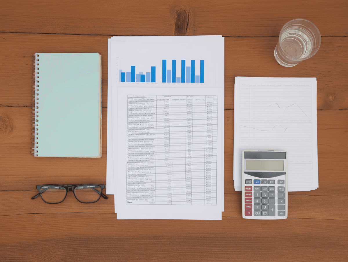 Calculator and papers in a folder on a dark surface