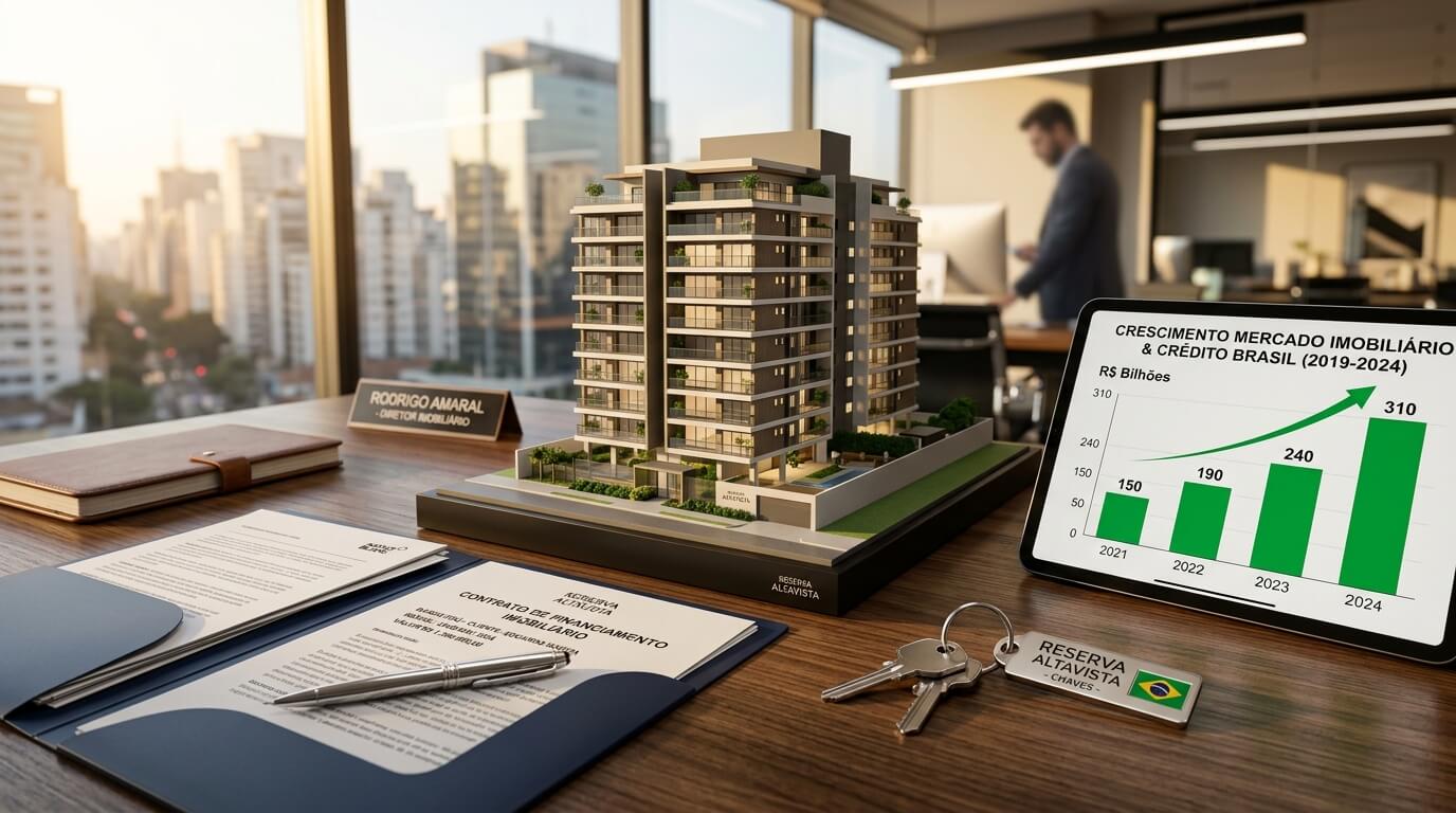 Maquete fotorrealista de um moderno empreendimento imobiliário residencial ao lado de papéis de financiamento e uma chave de casa sobre uma mesa de madeira.