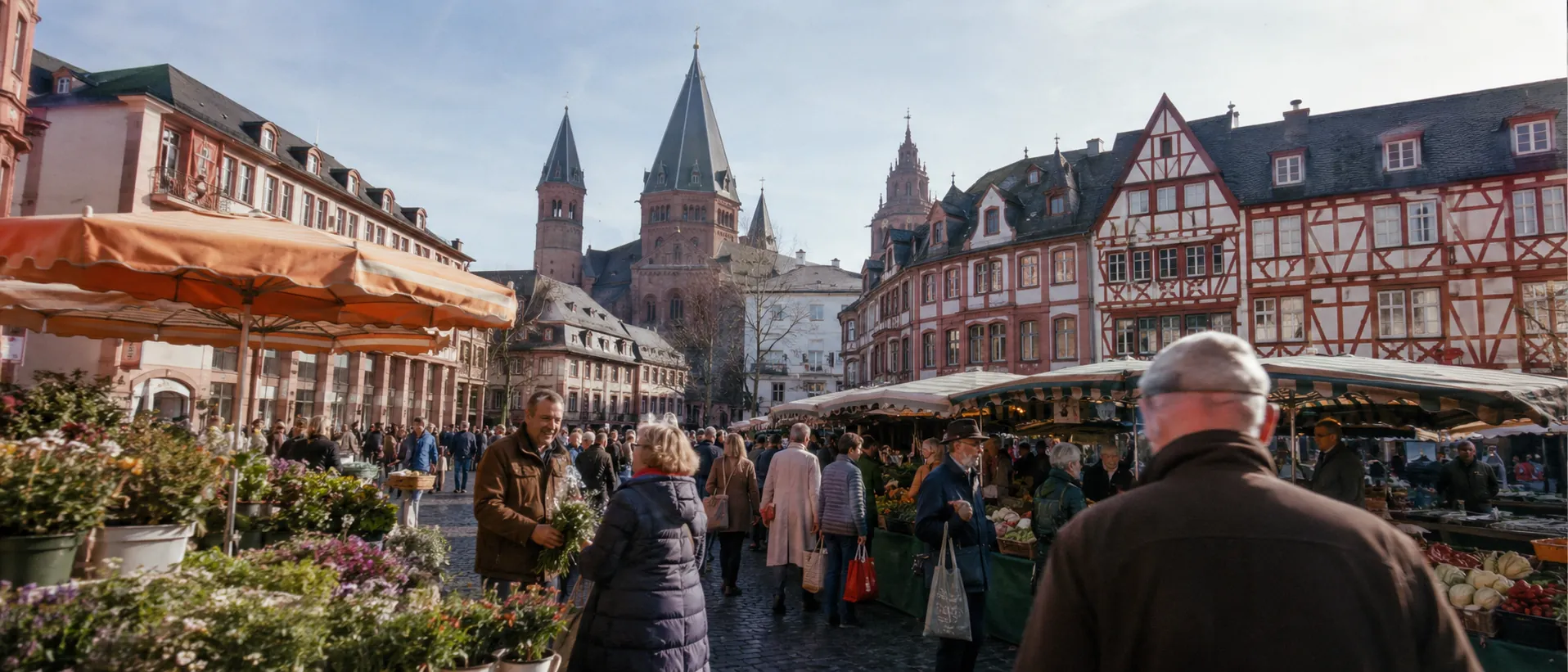 Mainzer Marktplatz mit Dom, Wochenmarkt und Fachwerkfassaden im Morgenlicht
