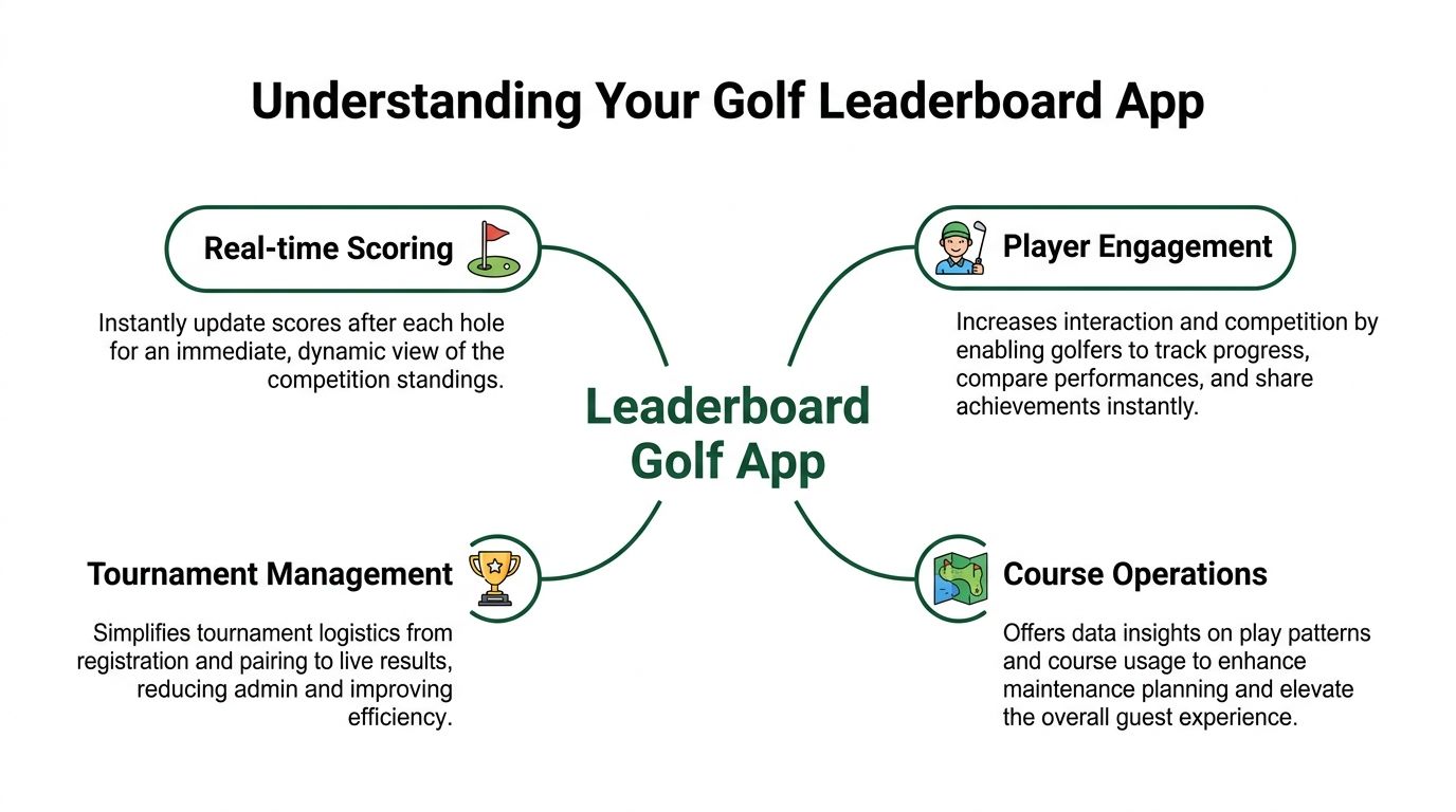 A mind map illustrating the key benefits of using a golf leaderboard app for tournaments and players.