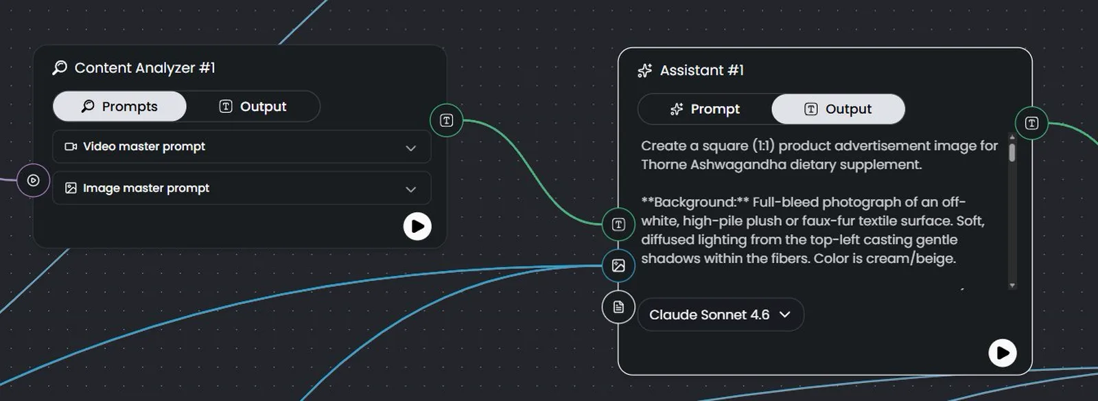 Assistant node output on the Maxfusion canvas: a brand-new master prompt generated from the Content Analyzer breakdown