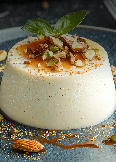 Vanilla panna cotta topped with pistachios, almonds, caramel sauce, and a basil leaf.