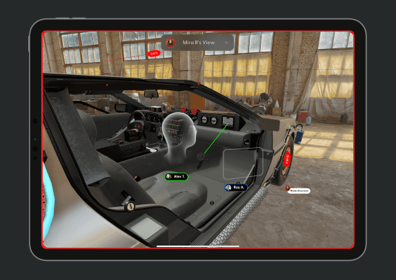 A tablet screen shows an XR user reviewing a 3D model of a car, with a red outline around the screen