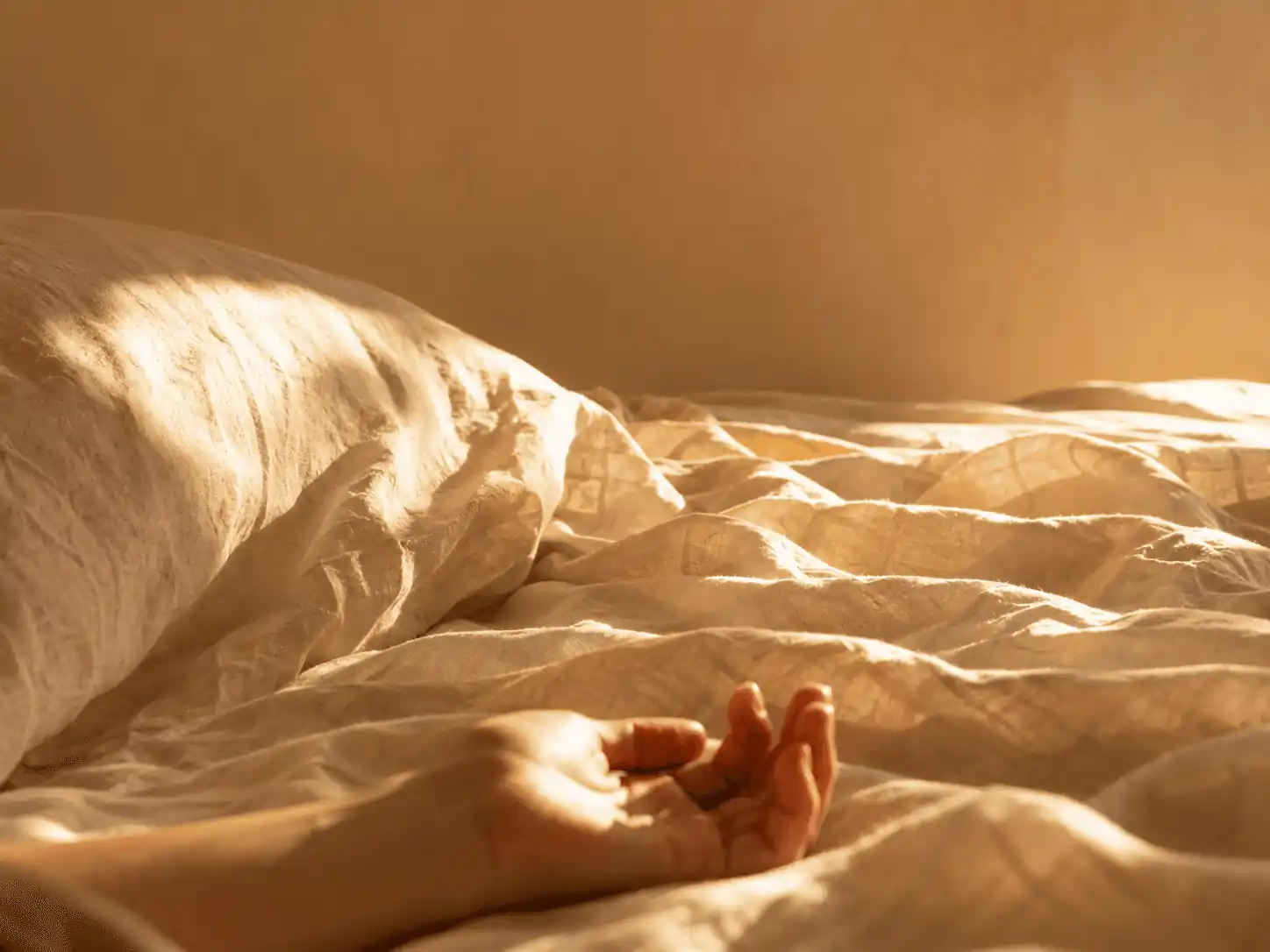 Two smooth spheres resting together in a woven hammock, lit by warm low light