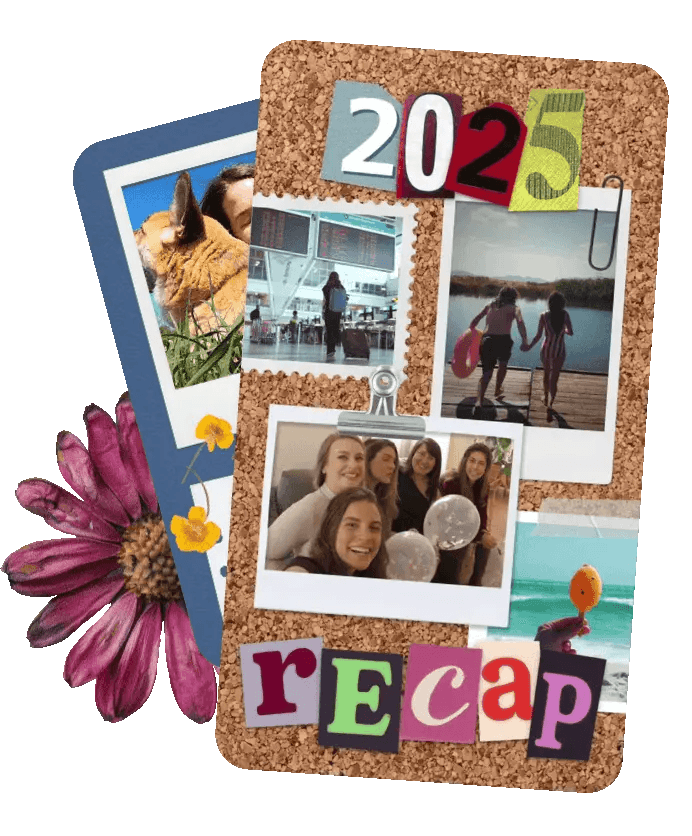 Video collage corkboard with '2025 recap' cut-out letters and pinned photos of memorable moments