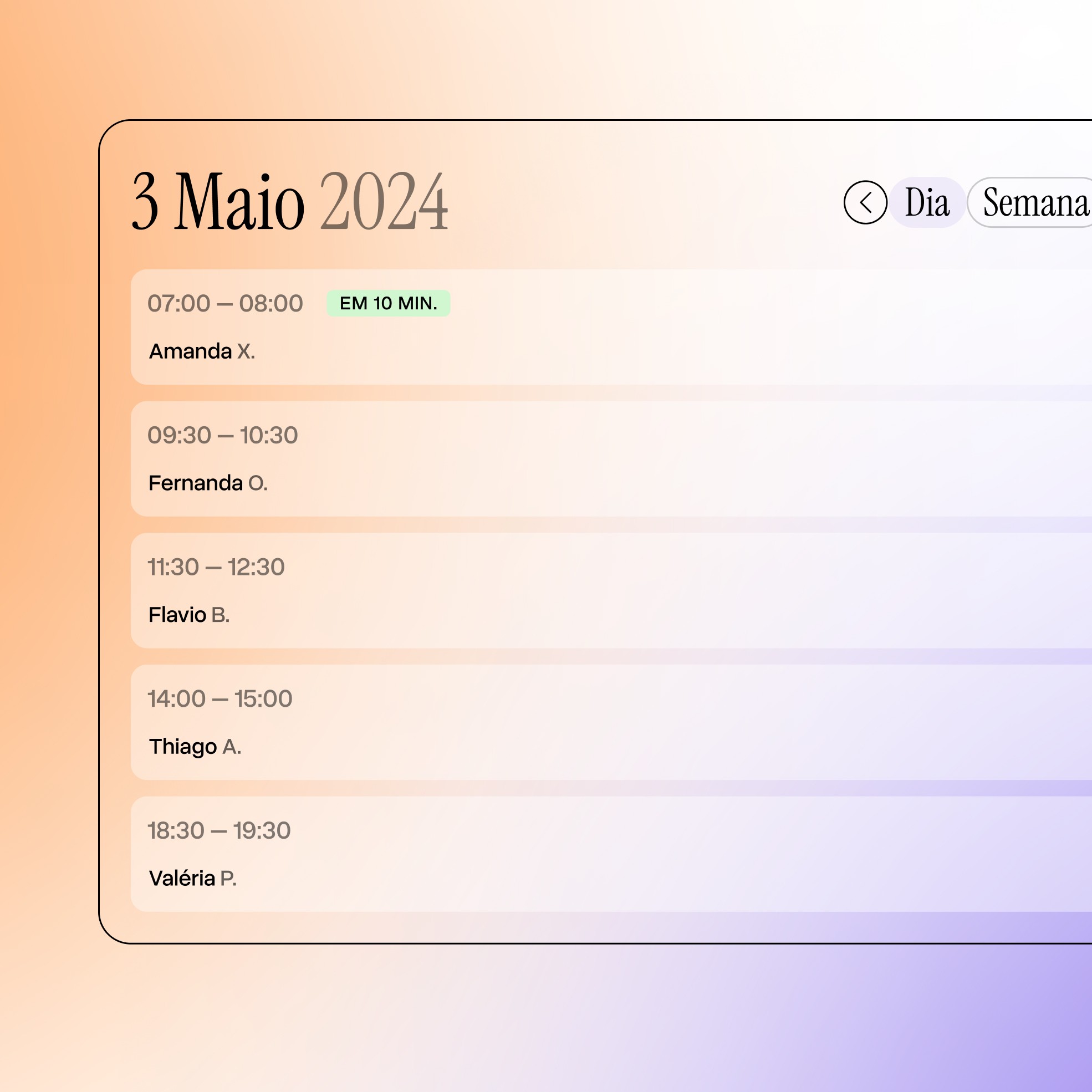 Agenda digital exibindo compromissos do dia 3 de maio de 2024, com horários e nomes de pessoas. O próximo compromisso, com Amanda X., está marcado para 07:00 – 08:00 e ocorrerá em 10 minutos.