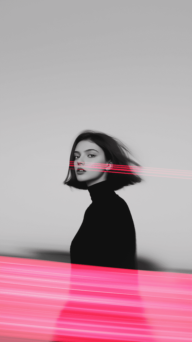 Black and white portrait with neon motion effects representing modern creative execution and visual storytelling.