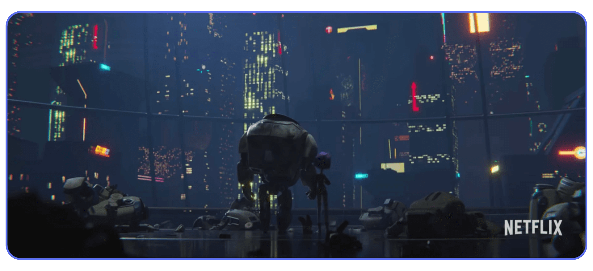 Sci-fi scene from Next-Gen, a Blender-created animated movie with robots in a futuristic city at night