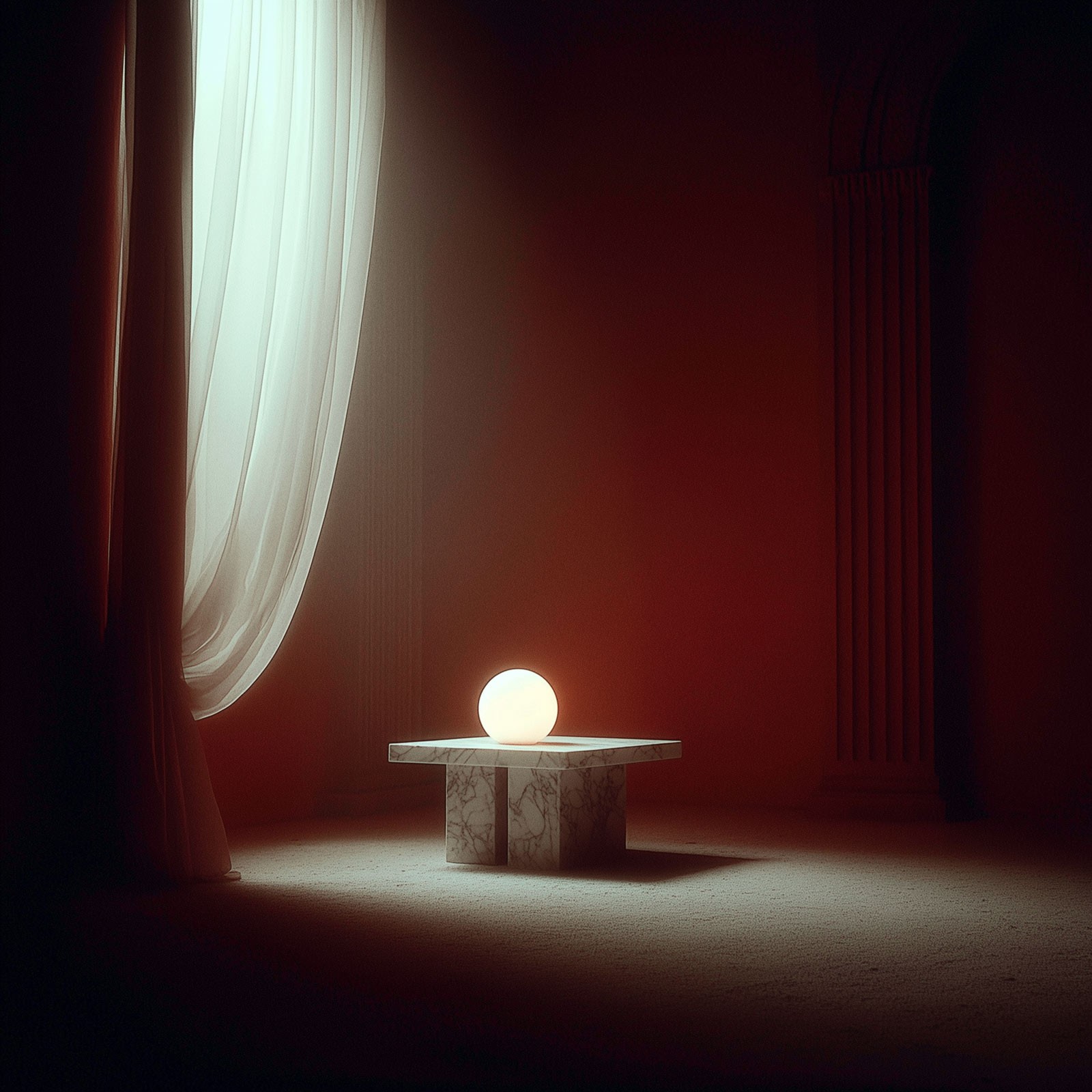 Glowing candle near sheer curtain in dark room