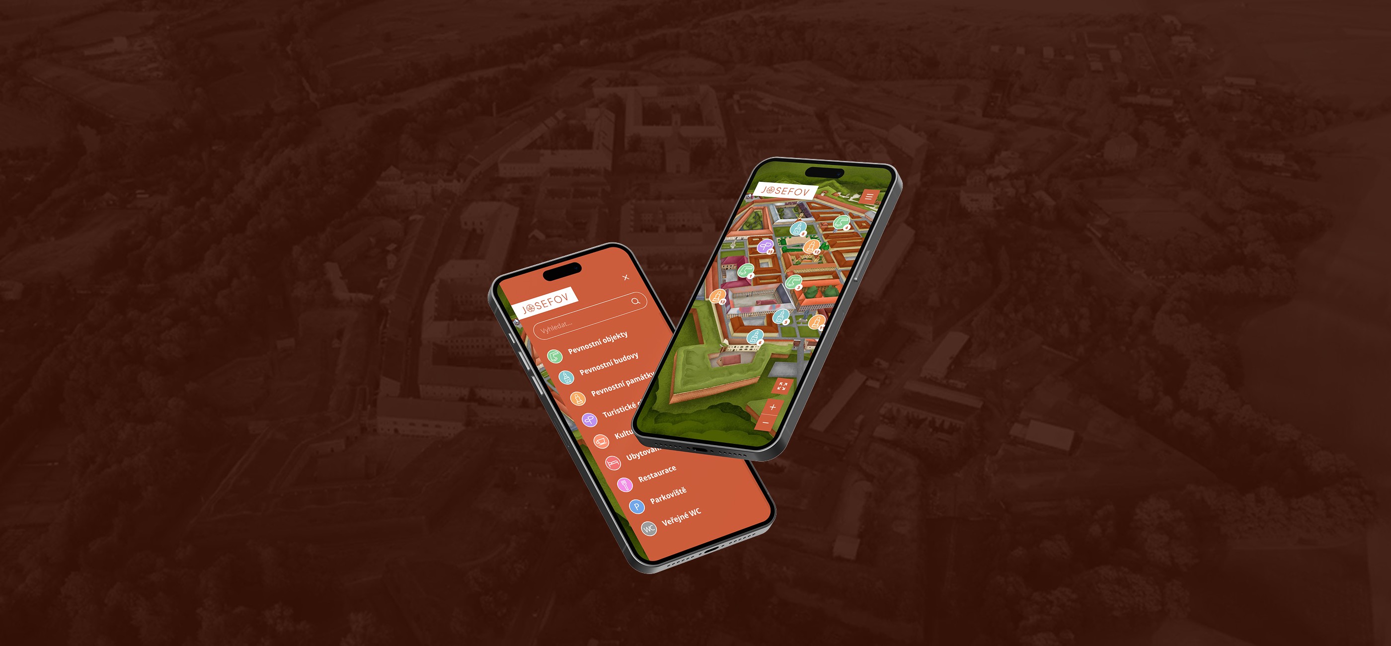 Dva telefony s mapou Živý Josefov