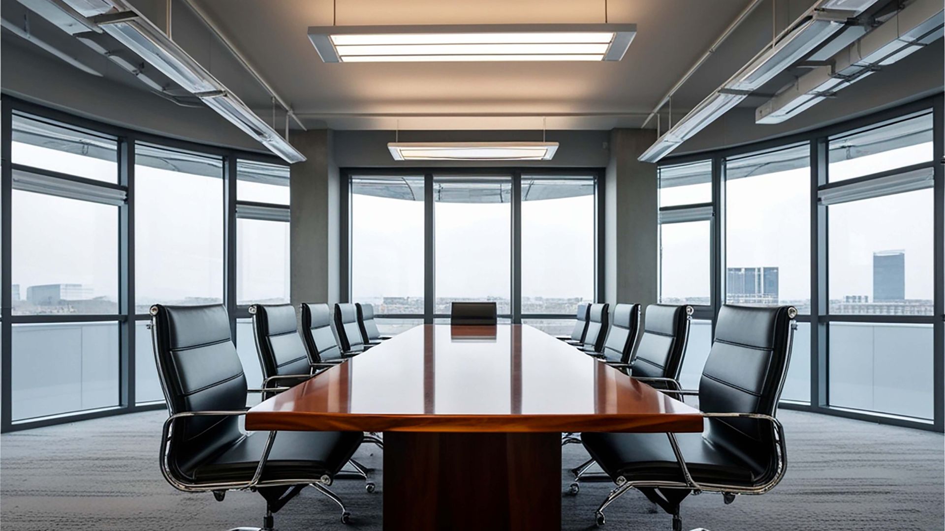 Empty boardroom with a long wooden table and black leather chairs