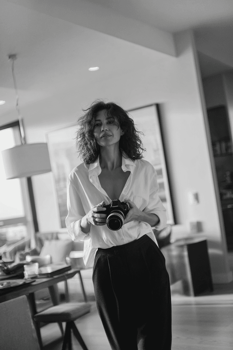 A black and white setting of a woman holding a camera indoors