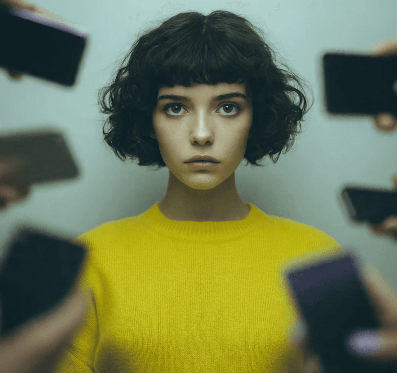 Young woman with short, dark hair and a yellow sweater looks serious, surrounded by hands holding smartphones, conveying intrusion and tension.