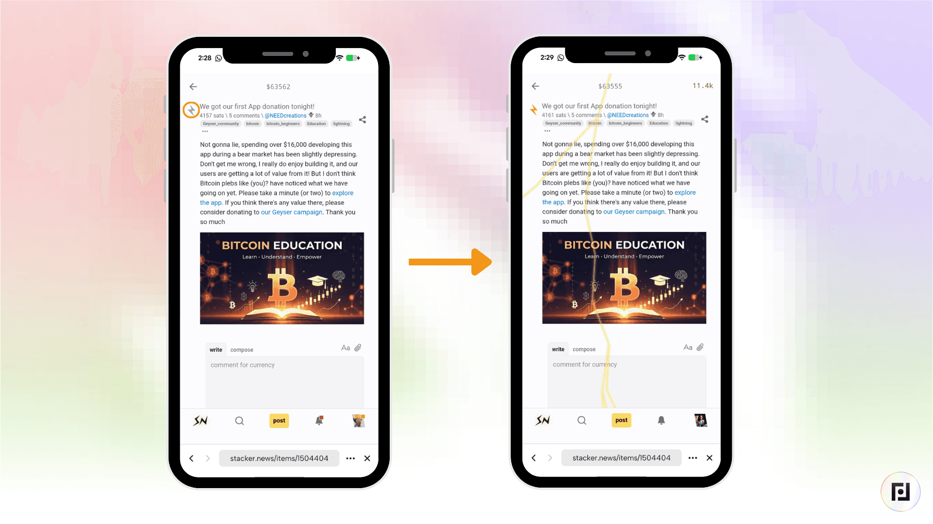 Fedi app screenshots showing how to tap the lightning bolt icon on a Stacker News post to send a bitcoin zap to the writer