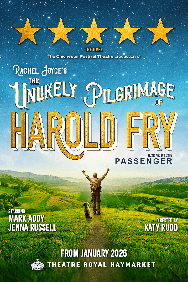 Harold Fry with backpack and dog overlooking green hills under a starry sky, promoting the West End show at London's Theatre Royal Haymarket