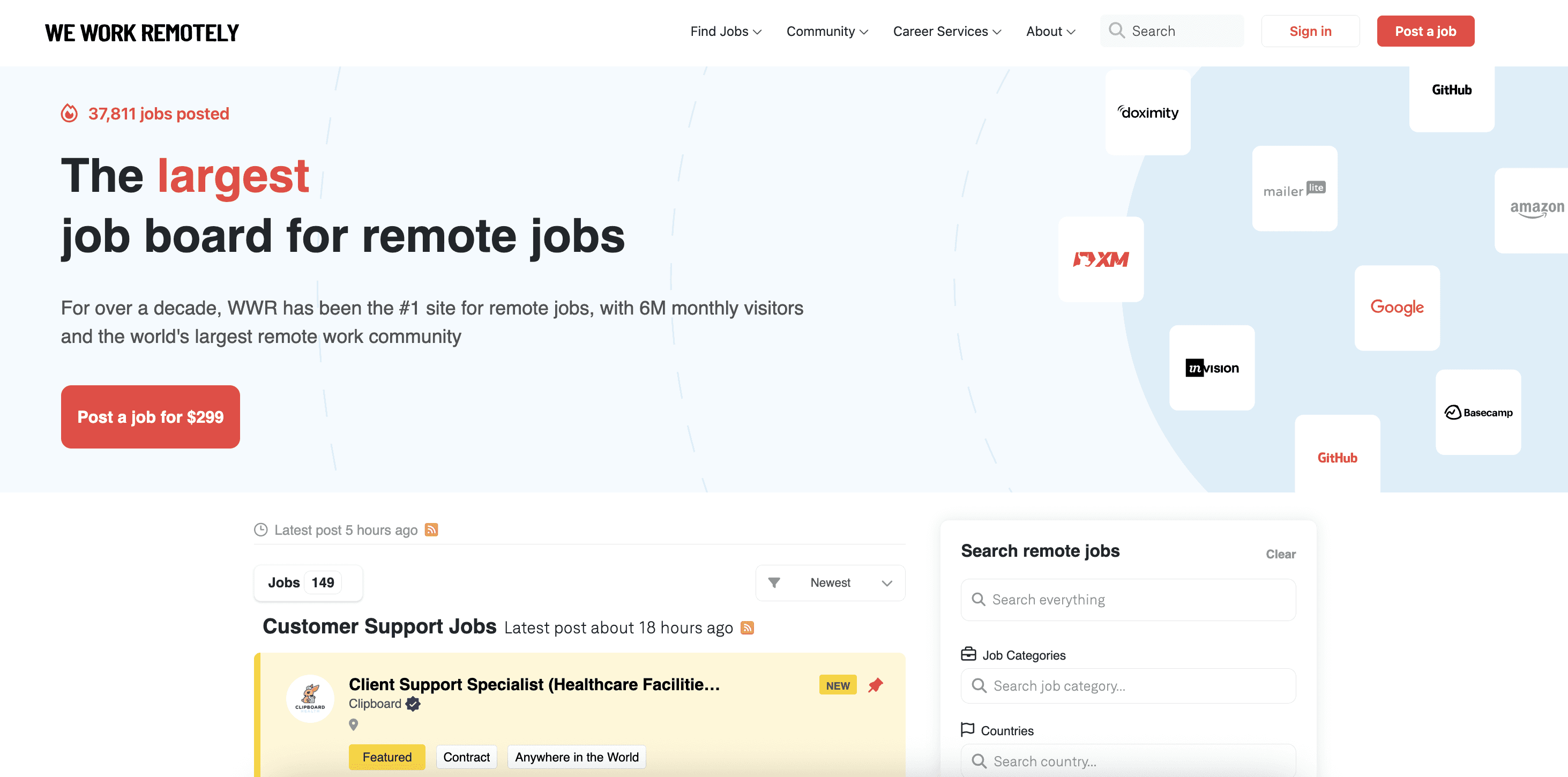 We Work Remotely homepage