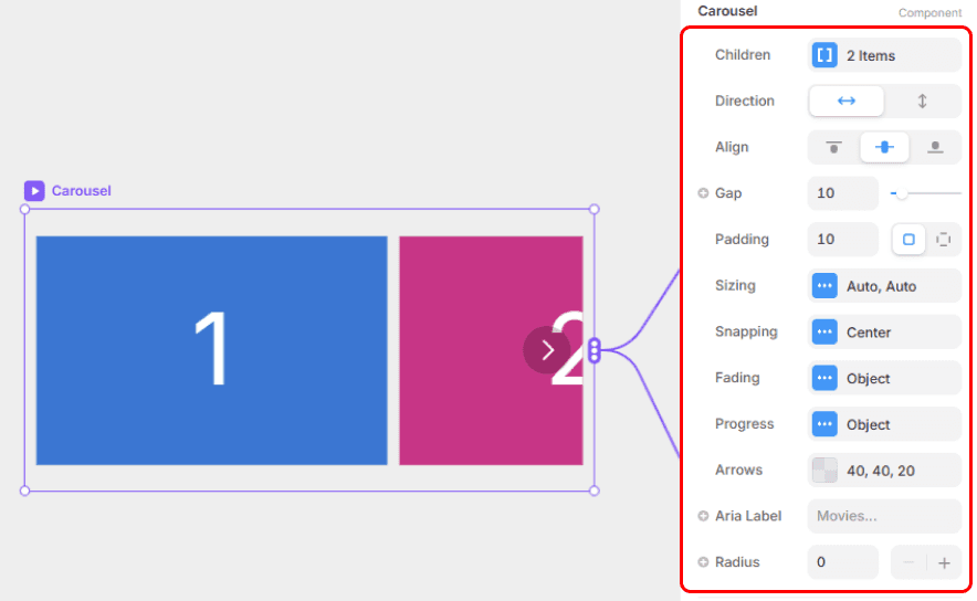 Paramètres du carrousel Framer avec children, gap, sizing et snapping