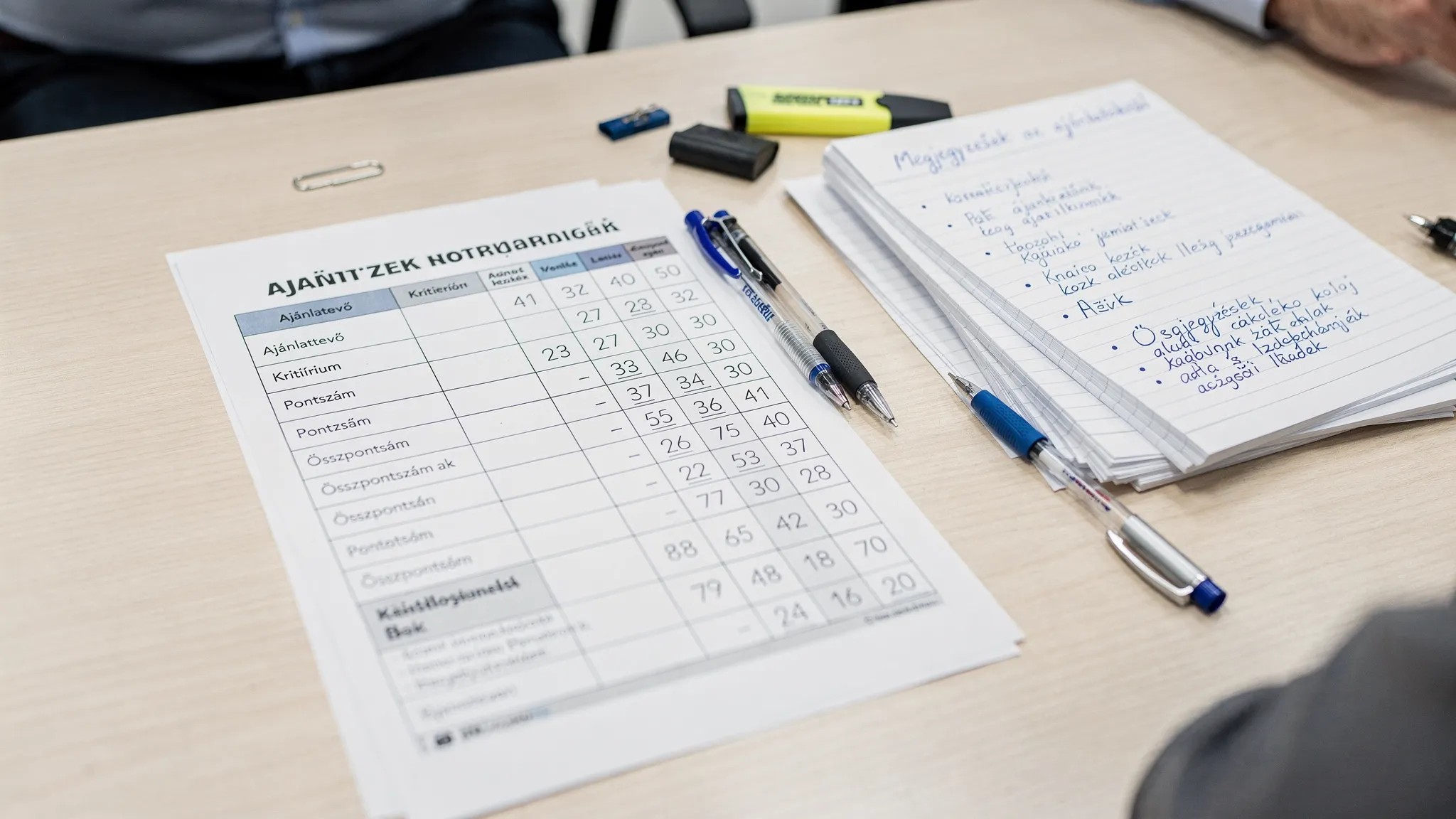 Táblázatokkal és pontszámokkal kitöltött ajánlatértékelési mátrix egy tárgyalóasztalon kinyomtatva, mellette jegyzetlapok és tollak, emberi arcok nélkül.