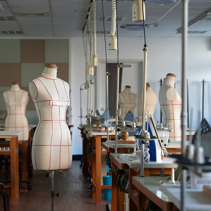 Bright fashion design studio interior with dressmaker mannequins, sewing machines, and tailoring workstations used for apparel production and textile.