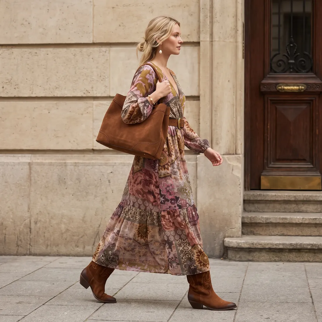 Donna che cammina in città con abito lungo stampato, borsa in suede e stivali texani