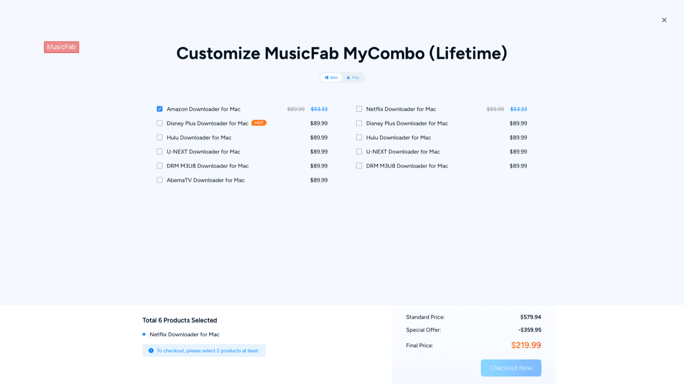 MyCombo 选择产品少于 2 个