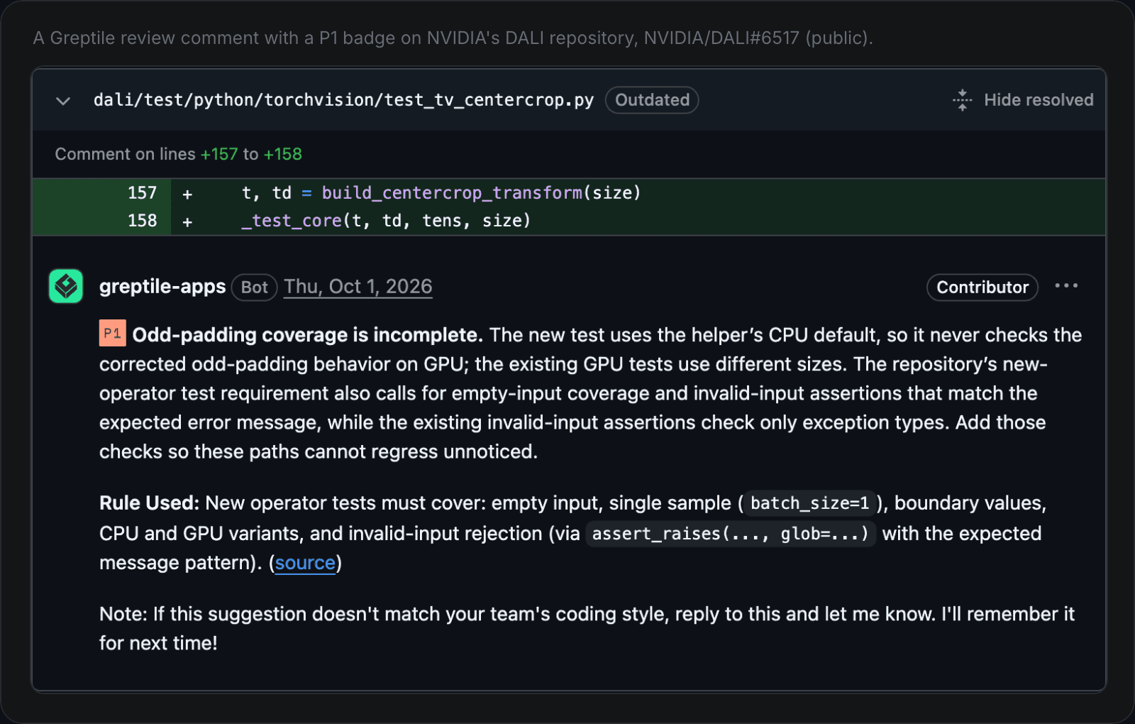 A Greptile review comment on NVIDIA's DALI repository with a P1 badge, titled "Odd-padding coverage is incomplete", citing a rule from the repository's .greptile/config.json and inviting the author to reply if the suggestion doesn't match the team's style