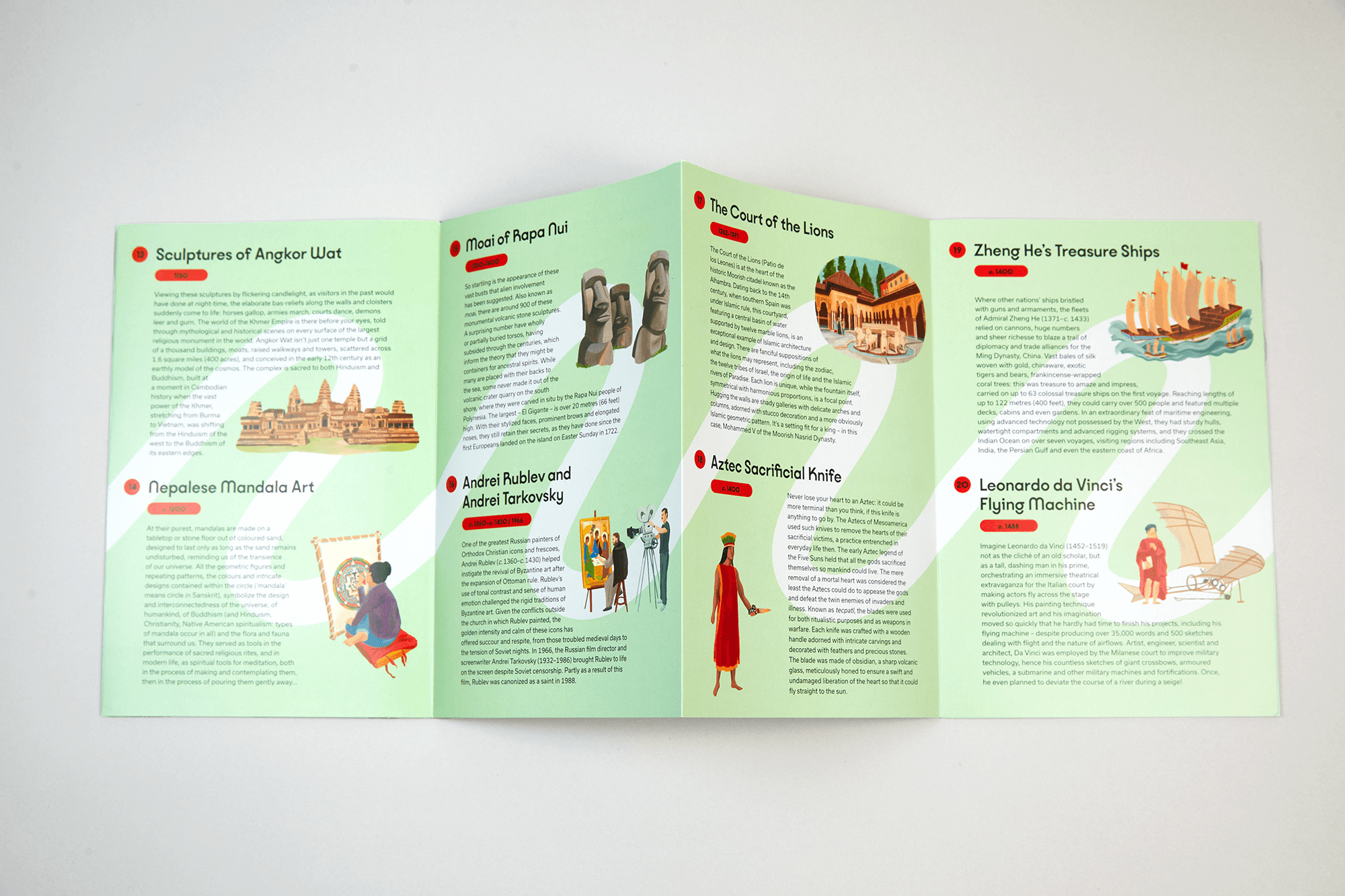 Colorful leporello-style leaflet from the Gift Lab collection opened to reveal illustrated panels.