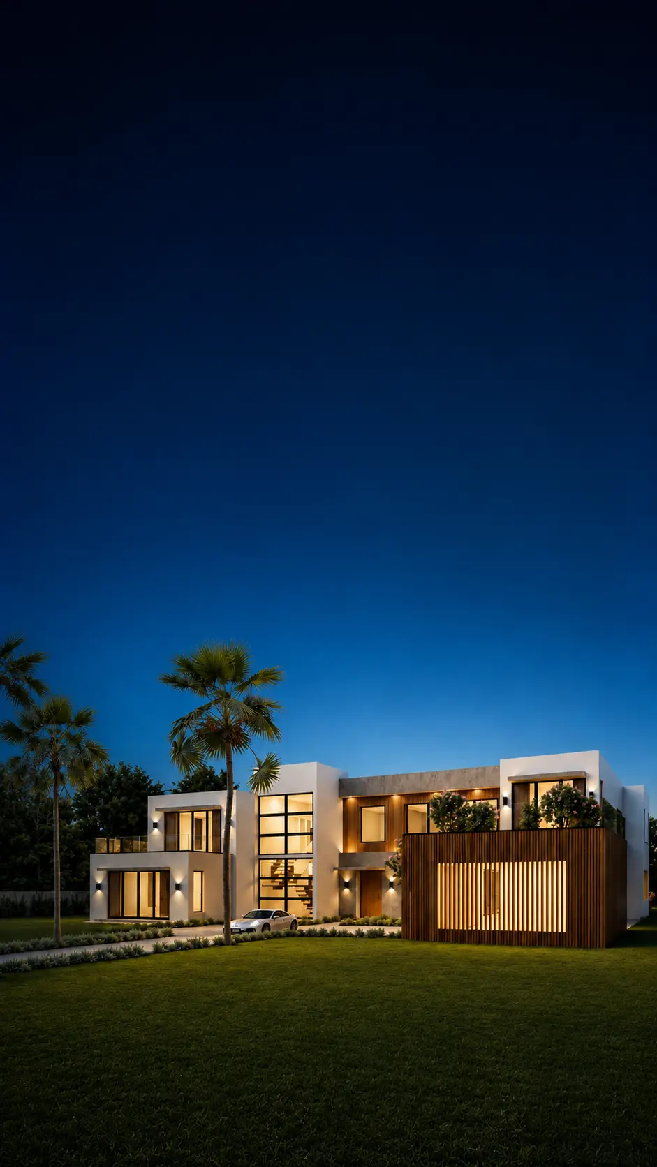 Modern Kendall, Miami home illuminated at dusk with wood slat cladding, floor-to-ceiling glass, and a landscaped lawn under a deep blue sky