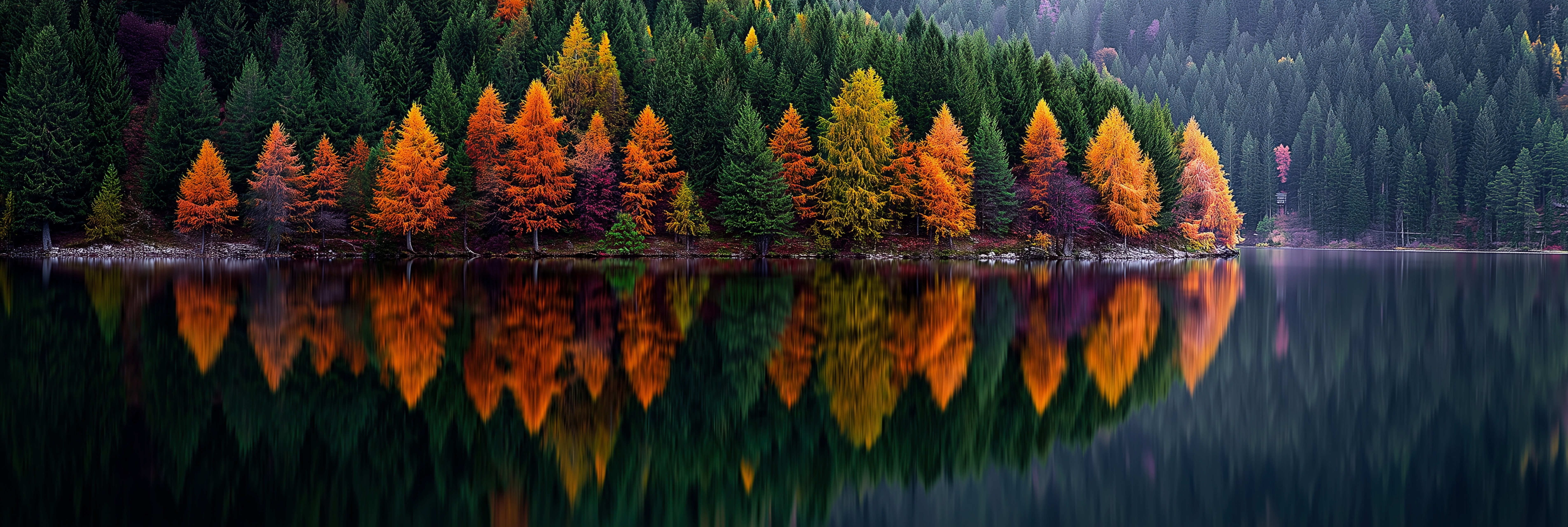 An artistic, soft-focus view of autumn trees with vibrant orange, yellow, and green leaves perfectly reflecting into the calm, dark surface of a lake.