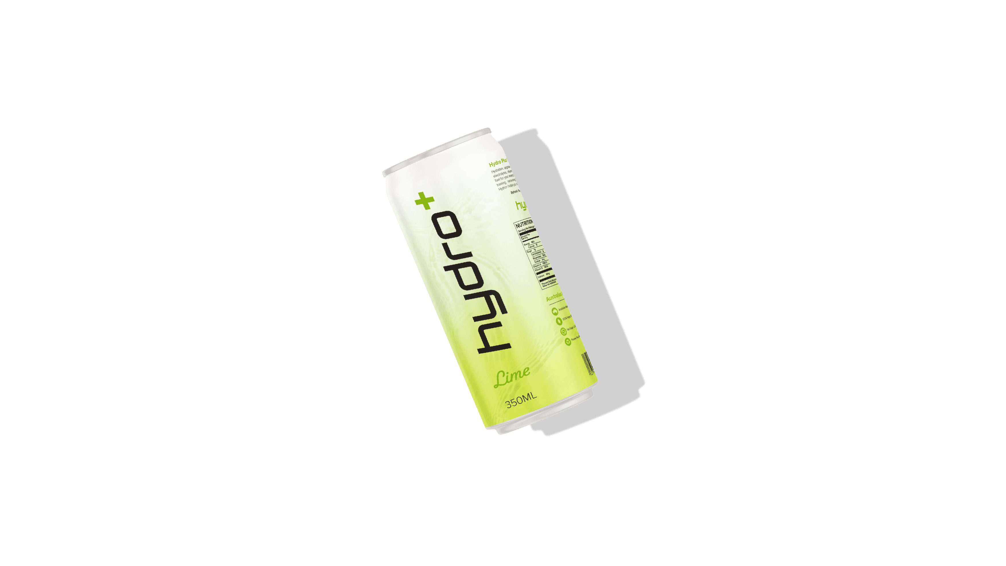 Hydro Plus hydration drink can in front of Hydro Plus logo