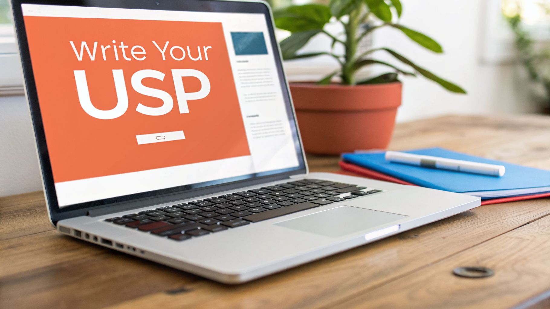 A laptop displaying 'Write Your USP' on a wooden desk with office supplies and a plant.