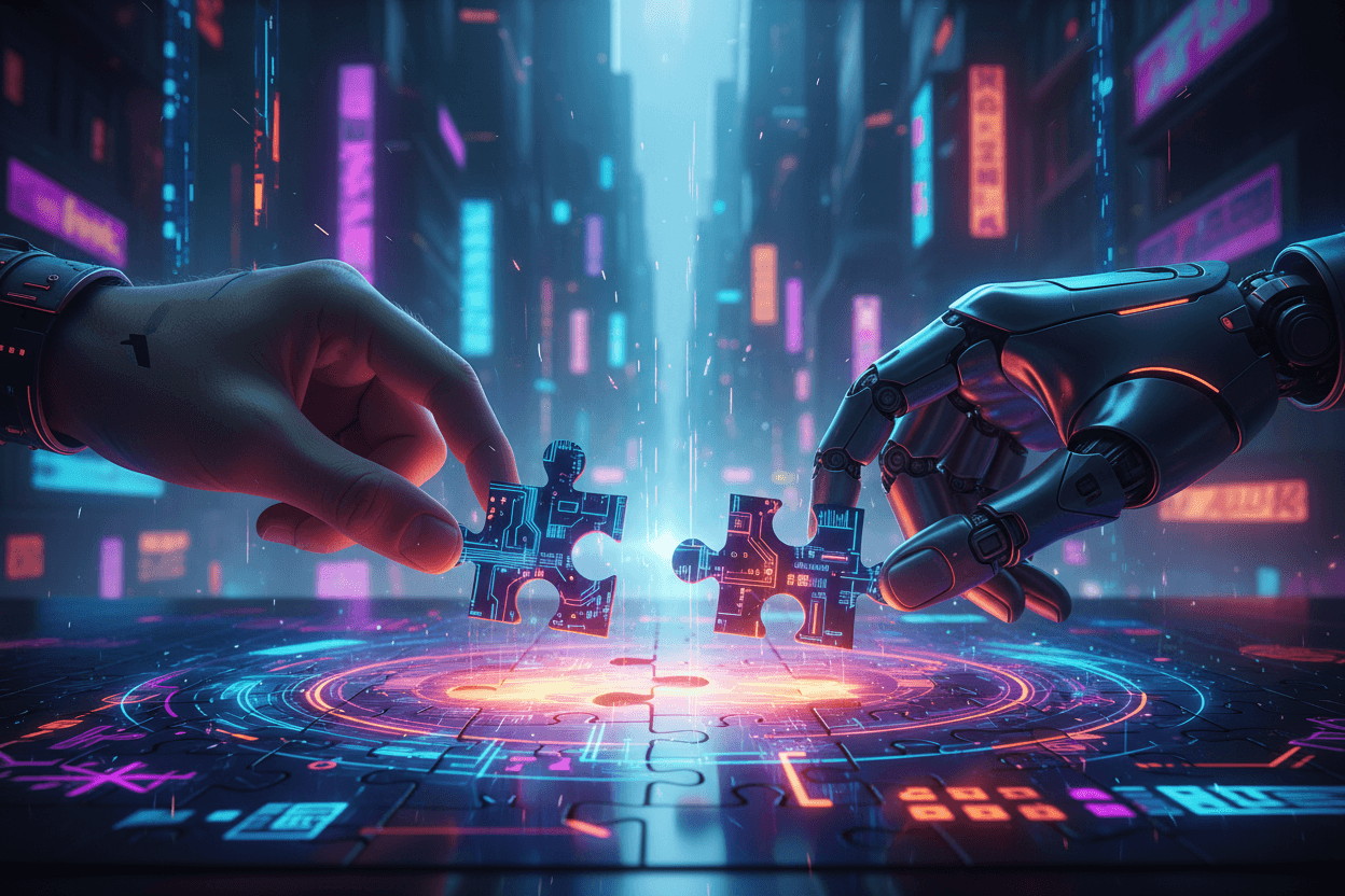 A human hand and a robotic hand carefully connecting glowing puzzle pieces over a digital surface, symbolizing human–AI collaboration and intelligent teamwork.
