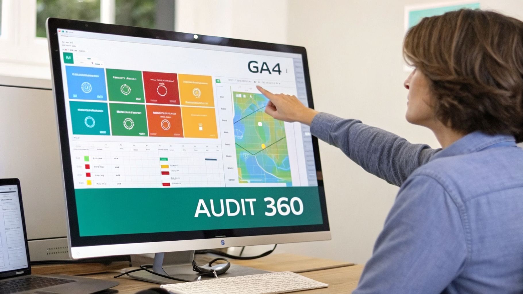 Une personne pointe un écran d'ordinateur affichant un tableau de bord AUDIT 360 avec GA4 et des données d'analyse.