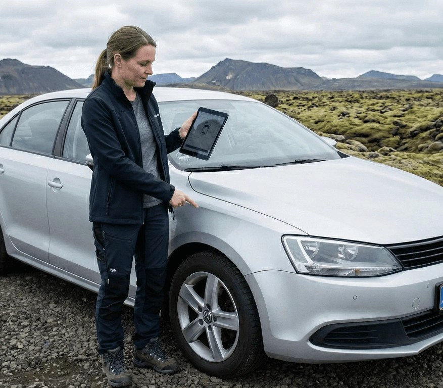 Woman with a tablet inspecting the side of a silver car.