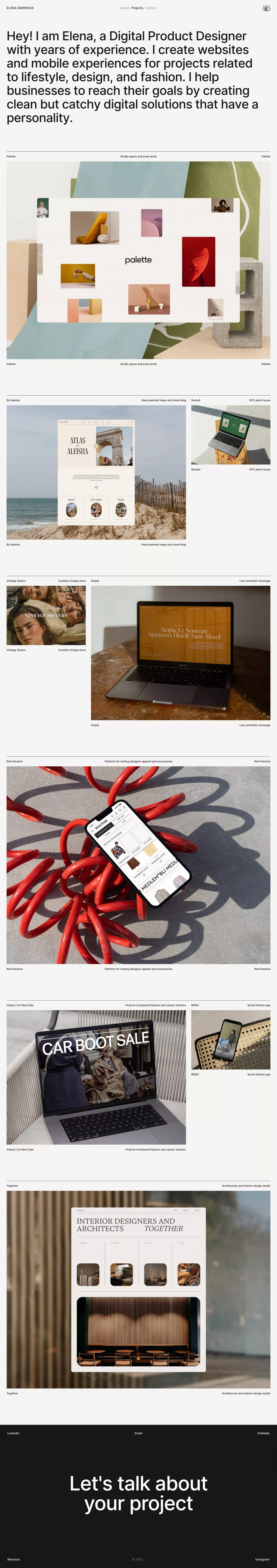 Elena Smirnova – Digital Product Designe portfolio page screenshot showcasing Design and Tech design