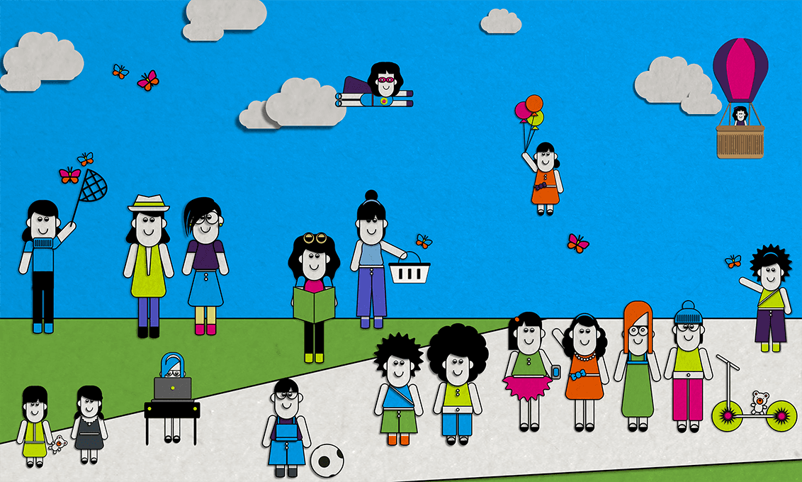 A group of cartoon figures stands on a paved path under a blue sky with clouds and butterflies. Some figures hold objects like a net, basket, balloons, and a laptop. A hot air balloon is visible in the upper right corner. A soccer ball is on the ground near the path.