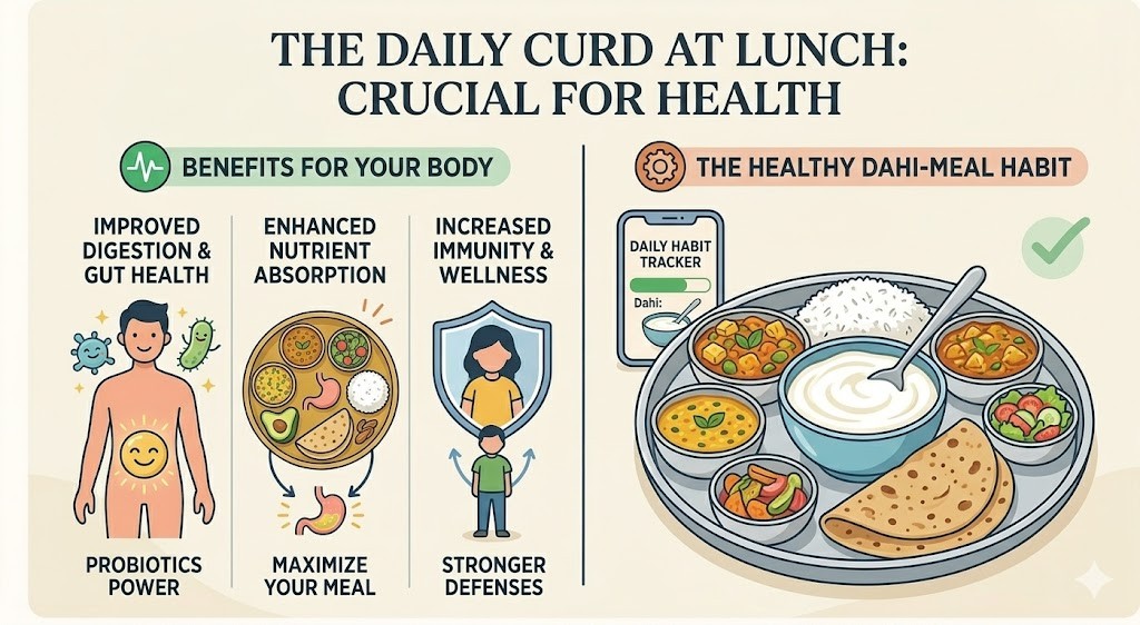 A brand-style infographic titled "The Daily Curd at Lunch: Crucial for Health." The left side highlights benefits like improved digestion, nutrient absorption, and immunity. The right side shows a healthy vegetarian thali with a central bowl of dahi (curd) and a smartphone habit tracker, promoting a balanced daily meal habit.
