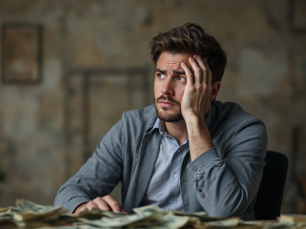 A man sits at a desk with his hand on his forehead, looking worried. There is a pile of money in front of him.