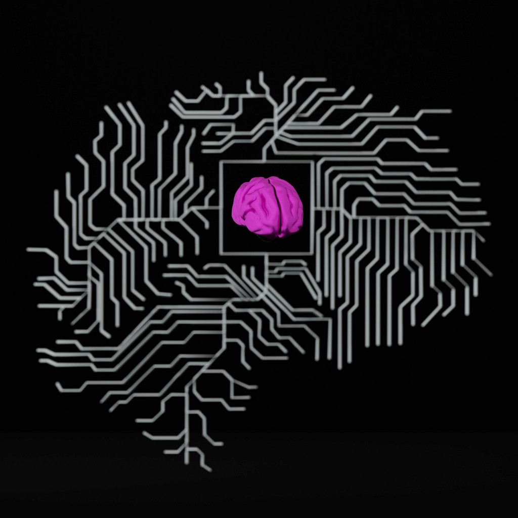 A digital illustration featuring a central pink brain surrounded by intricate, white circuit-like pathways on a black background, symbolizing the intersection of artificial intelligence and neural networks.