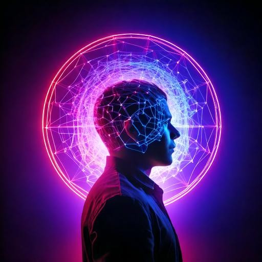 A silhouette of a person deep in thought, surrounded by a glowing neural network or AI circuit design, symbolizing AI's role in mental health support.