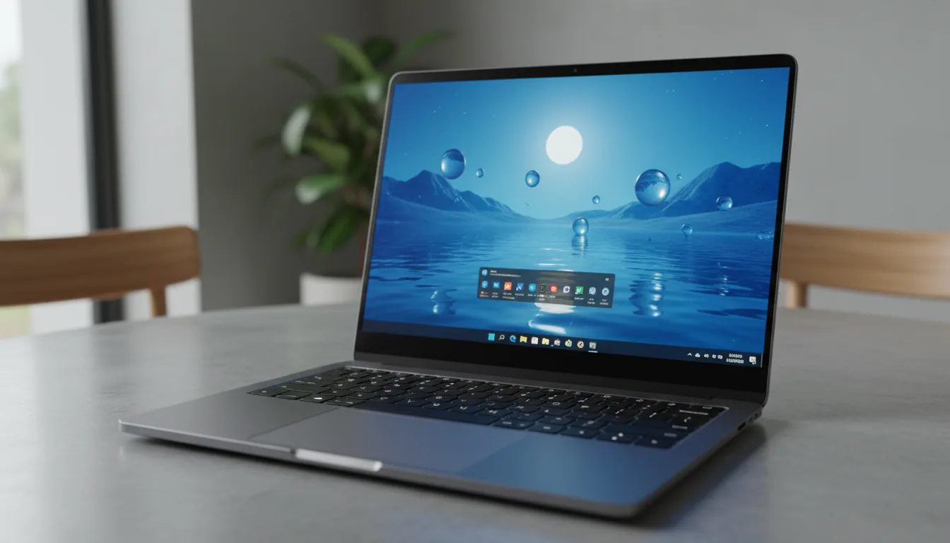 DSLR photography of a modern, sleek, charcoal-gray laptop on a smooth, cool-toned tabletop. The laptop screen is on, displaying a vibrant 3D render of a surreal, blue-toned nocturnal landscape with reflective water and floating, transparent glass-like orbs. A Windows 11 style UI with a centered taskbar is visible. The scene is lit by soft, natural daylight. The shot has a shallow depth of field, creating a clean bokeh effect with a blurred wooden chair in the background.