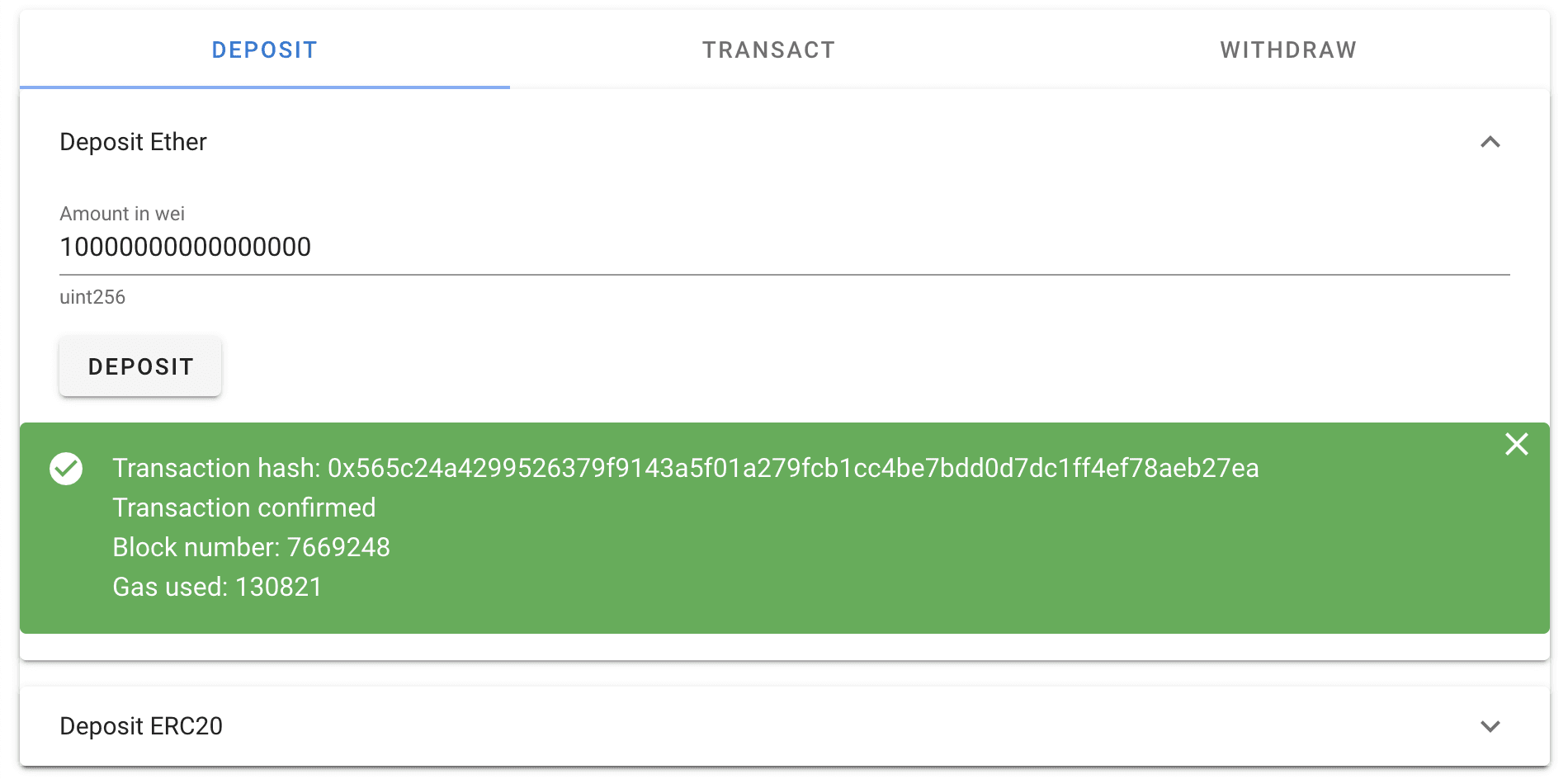 Ether deposit transaction has been confirmed
