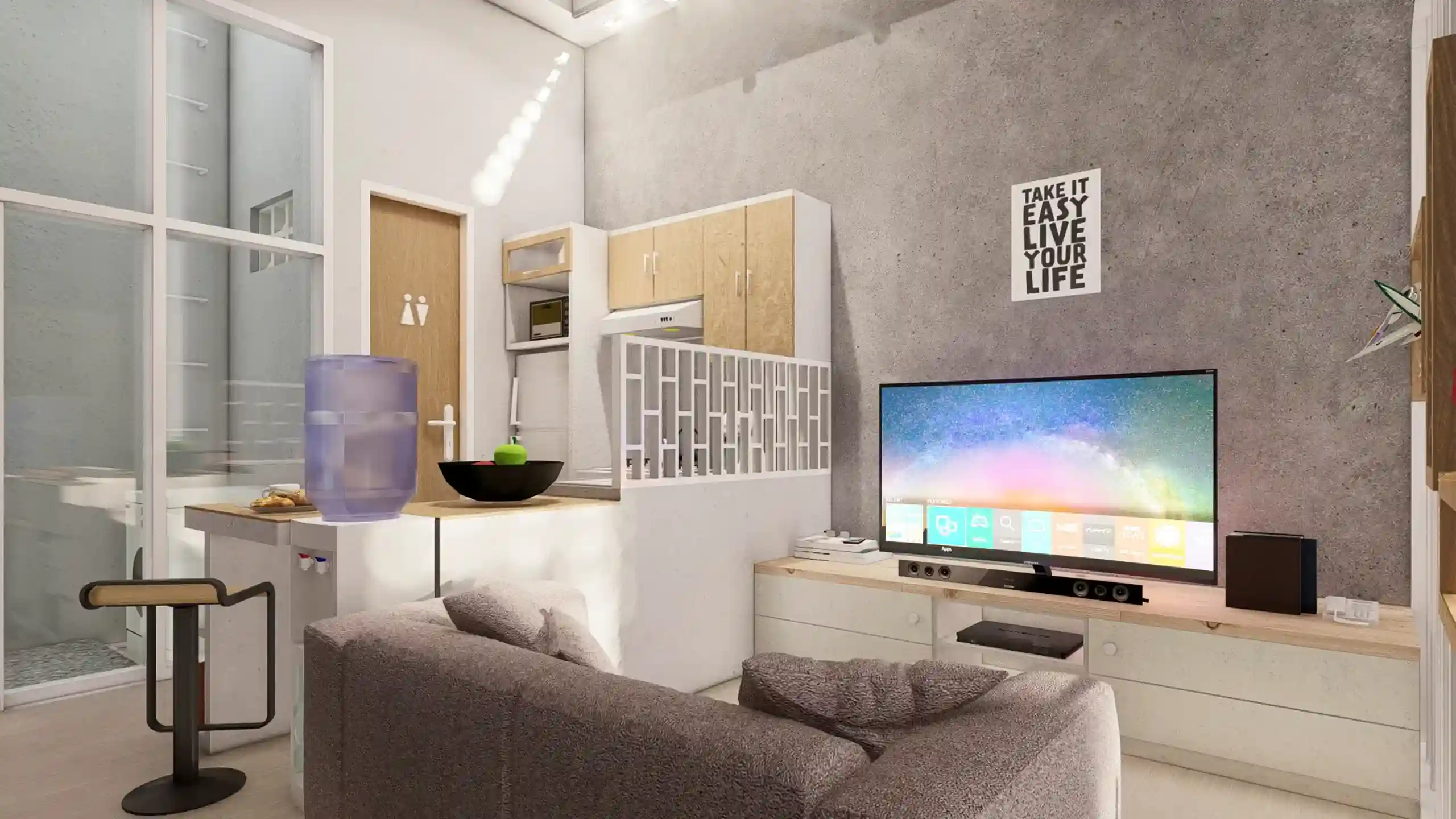 Compact House - Integrasi antara Ruang Keluarga dan Dapur: Perspektif dari Ruang Keluarga