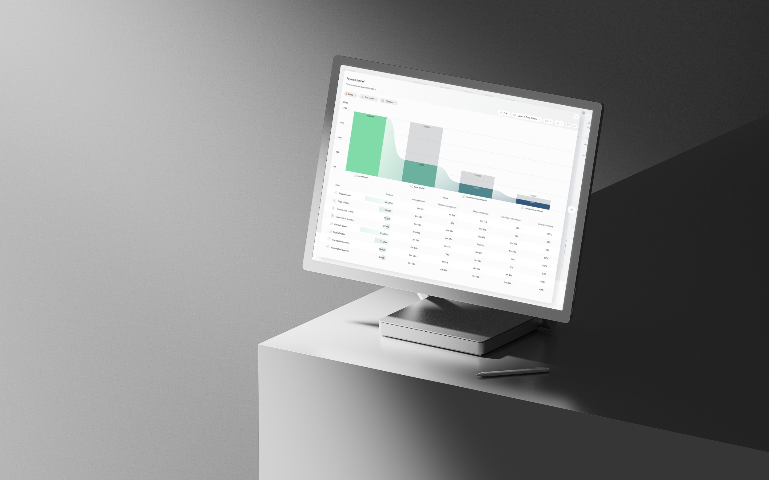 3D model representation of an analytics tool, visualizing user engagement and performance trends in a streamlined design